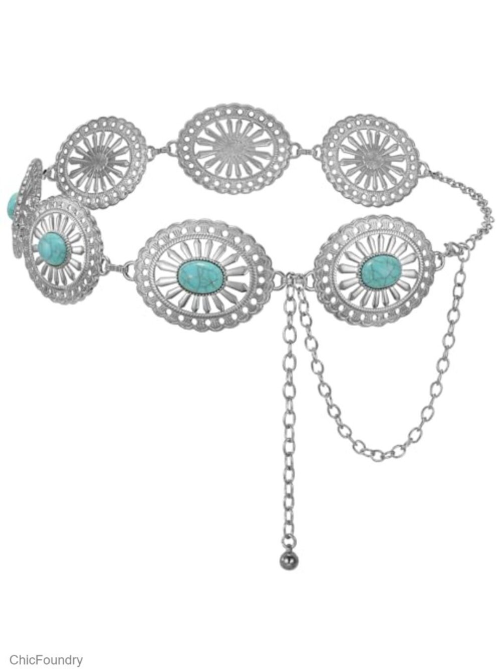 Western Concho Chain Belt for Women, Silver/Gold Metal Waist Belt, Country